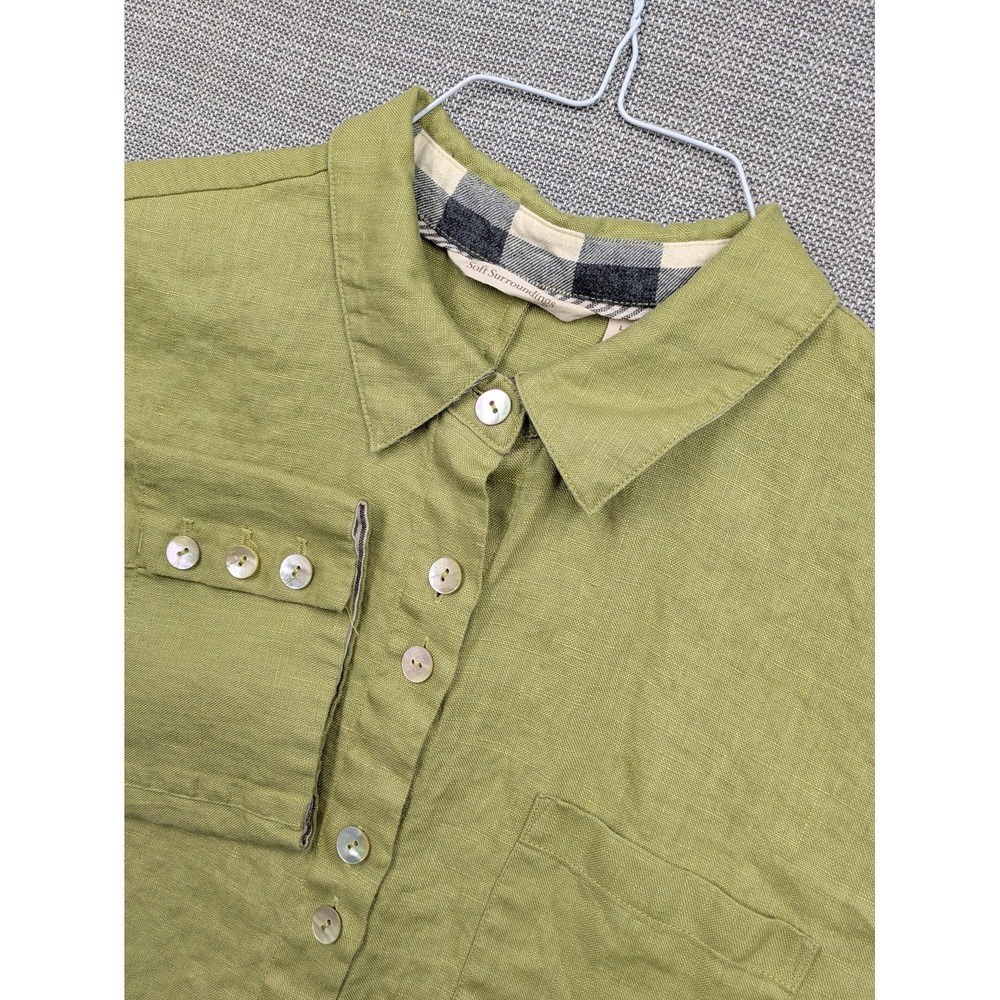 Soft Surroundings Tunic Blouse Womens Large Green Linen Button Up 3/4 Sleeve